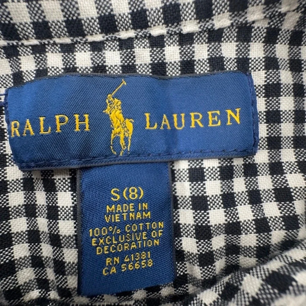 Ralph Lauren Boys Black White Gingham Button Down Shirt Size S 8 Pony Logo